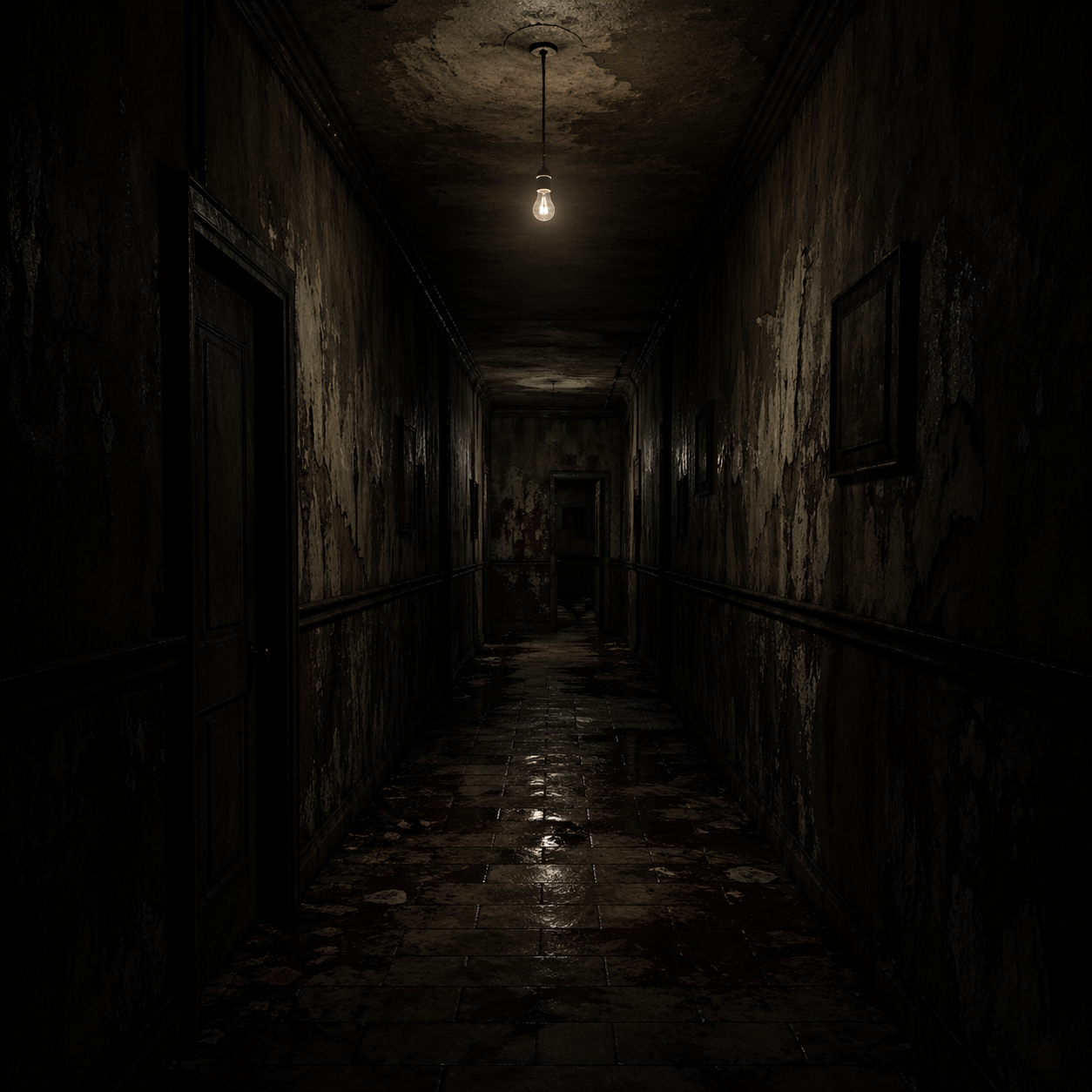 昏暗灯光 - 走廊尽头的微弱光源